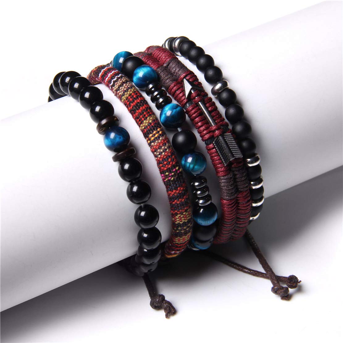 WAINIS Braided Leather Bracelets for Men Women Wrap Tiger Eye Lava Rock Beads Bracelet Woven Ethnic Tribal Rope Wristbands Brace