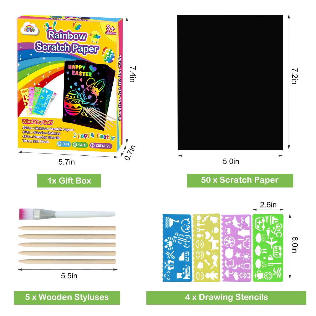 ZMLM Rainbow Scratch Easter Crafts - 60 Rainbow Scratch Paper for Girls Boys Toys Gifts, Arts and Crafts Gifts for Kids Activities, Scratch Art for Kids Easter Basket Stuffers Gift