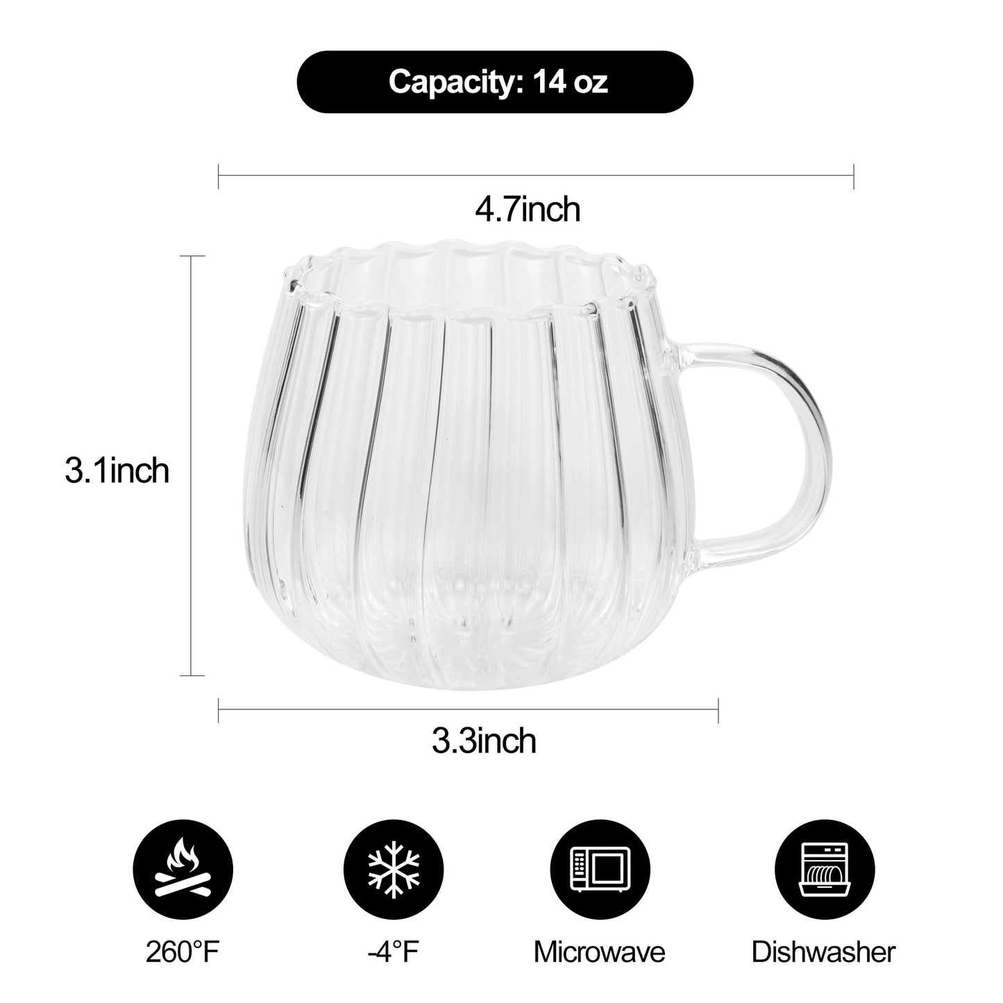 LUATSDAR Halloween Pumpkin Mugs 14 oz Glass Coffee Mugs Set of 4, Drinking Glasses with Transparent Handle, Clear Glass Cups for Hot or Cold Drinks like Cappuccino, Latte, Cocoa, Milk, Tea