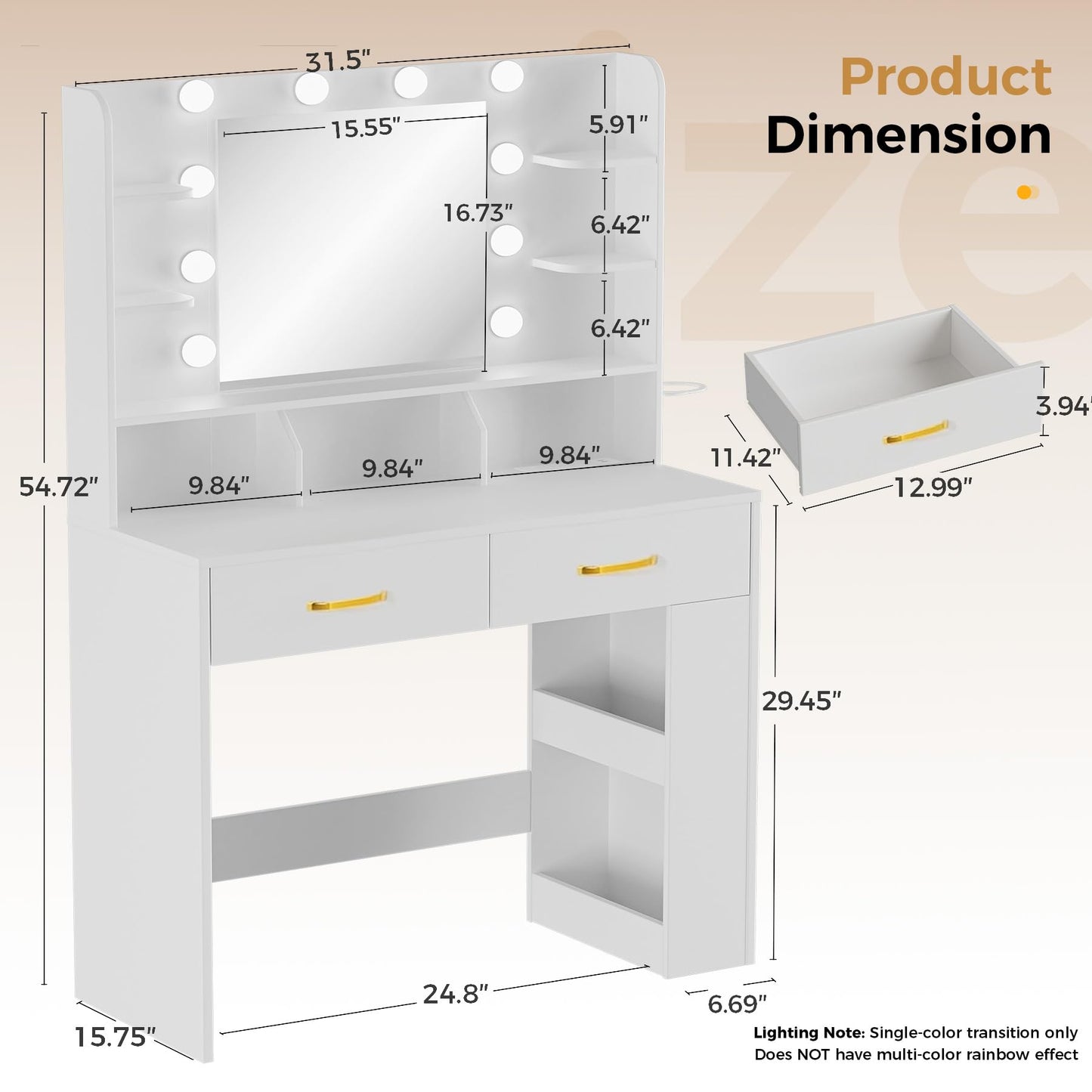 LUCKRACER Vanity Desk with LED Lights Mirror & Charging Station, White Makeup Vanity with Storage Drawers and Shelves, Modern Dressing Table for Women Girls Bedroom, White