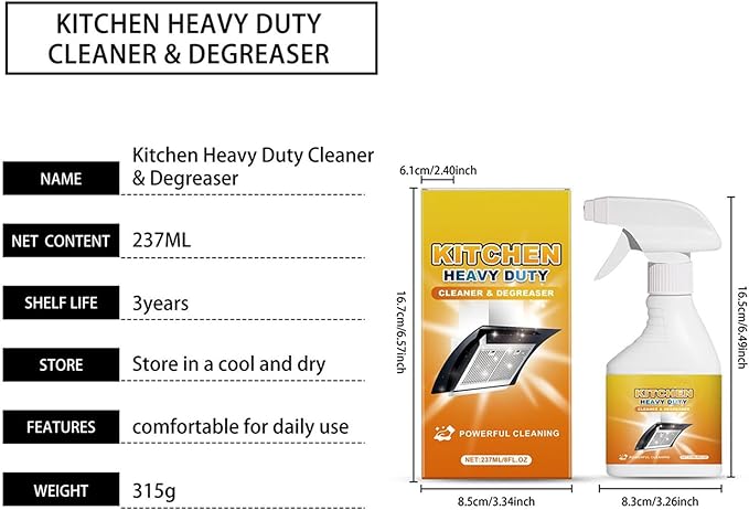 Kitchen Cleaner - 8fl.oz Foam Heavy Duty Degreaser, Spray Nozzle Waterless Grease Cleaner for Kitchen, Oven, Stove, Counter, Cabinet, Glass, Sink, Wall, Fast Acting and Easy to Use