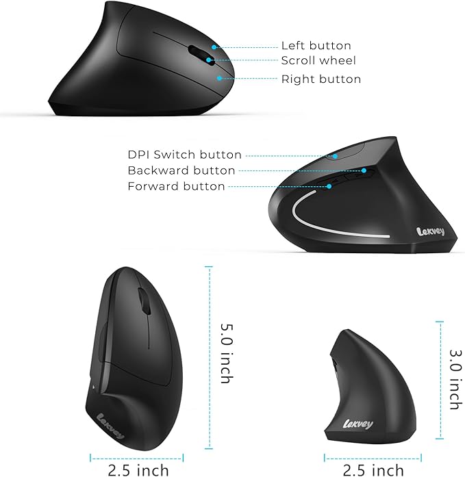 Lekvey Ergonomic Mouse, USB C Wireless Vertical Mouse, Dual Mode Rechargeable USB-A & Type-C Ergo Mouse, 1600 DPI, Relieves Wrist Pain and Carpal Tunnel, for Laptop Computer Mac MacBook PC, Black