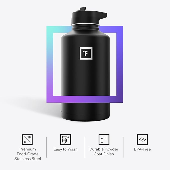 IRON °FLASK Camping & Hiking Hydration Flask with Straw, Wide Mouth Insulated Stainless Steel Sports Water Bottle - 64 oz Dark Night