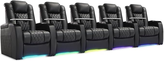 Weilianda Home Theater Seating Top Grain Leather Zero Gravity Recliner Chair Power Headrest Recline Movie Seat Gaming 7 Colors Mood Light Sofa with Tray Table USB Charge Row of 5 Black
