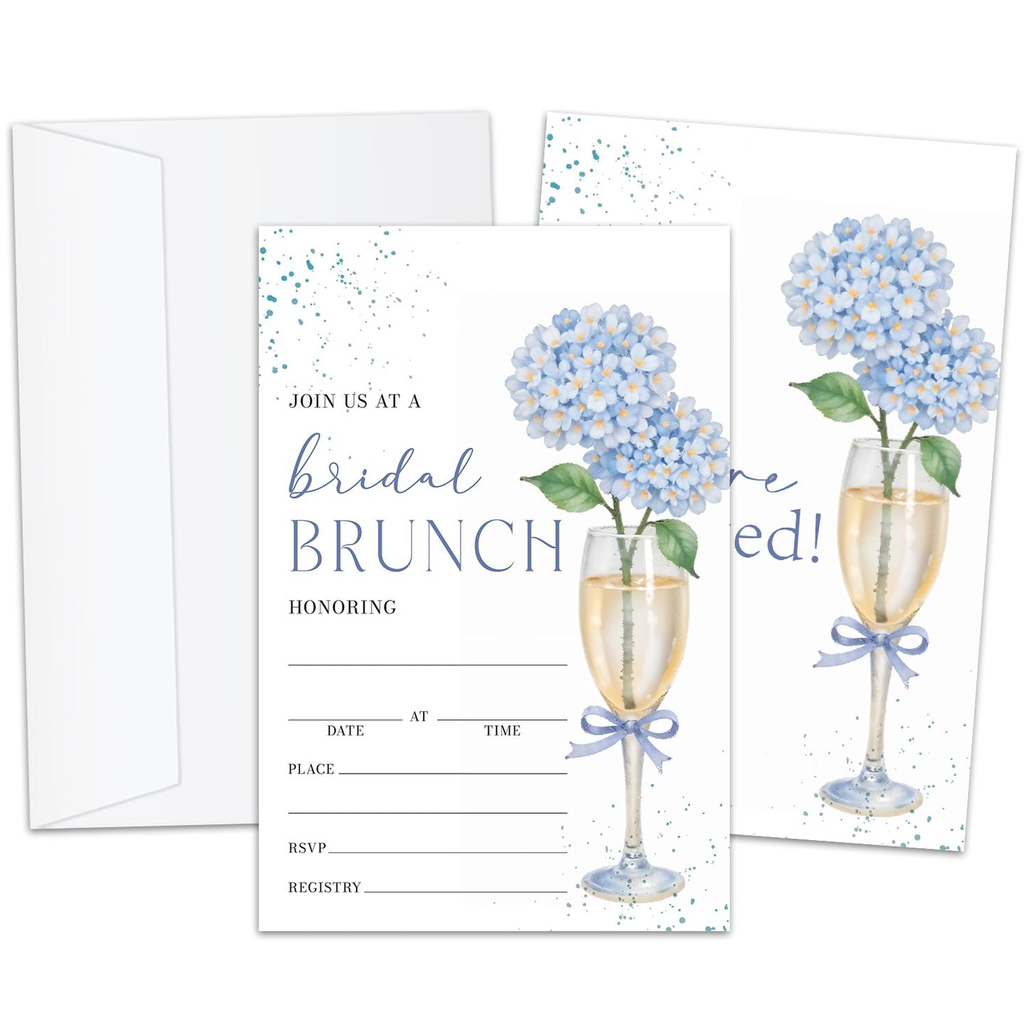 Blue Hydrangea Bridal Shower Invitations, Engagement Invitation Cards, Champagne Glass and Floral Invite For Bridal Shower, 25 Double-Sided Fill in Invitation With Envelopes Celebration Party Supplies
