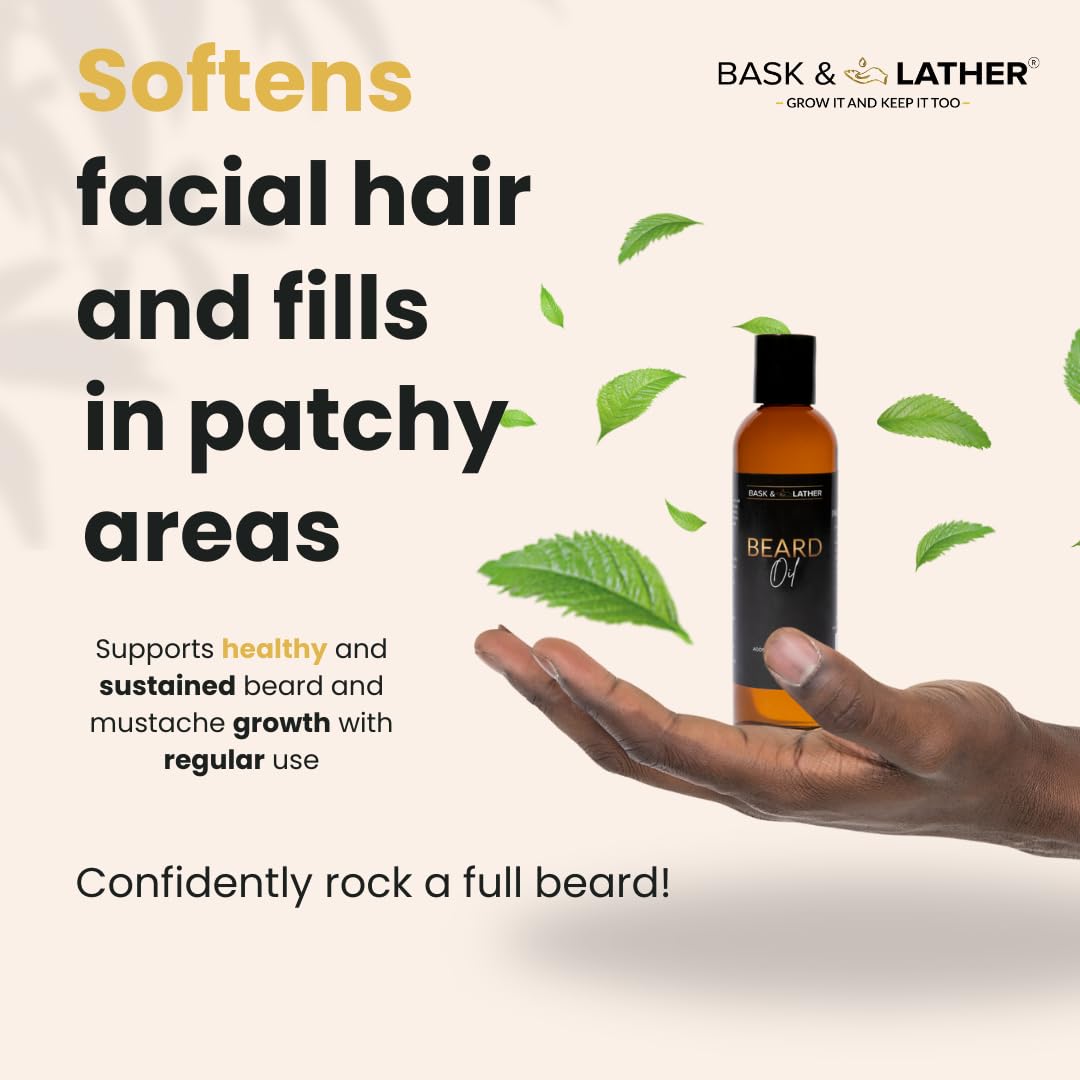 Bask & Lather Beard Growth Oil, Frizz Free Hair Oil for Men Beard Care with Vitamins & Natural Ingredients to Hydrate, Smooth &