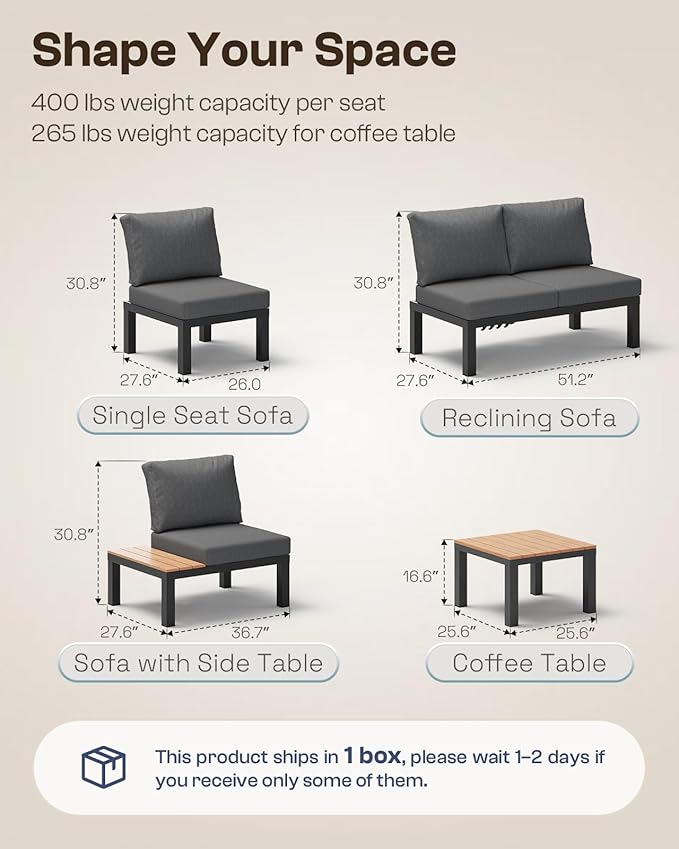 Oasbira Aluminum Outdoor Patio Sofa Set, 2 Seats Modular Sectional Sofa with Side Table, Thick & Removable Cushions, All-Weather Outdoor Conversation Sets for Garden & Yard, Graphite