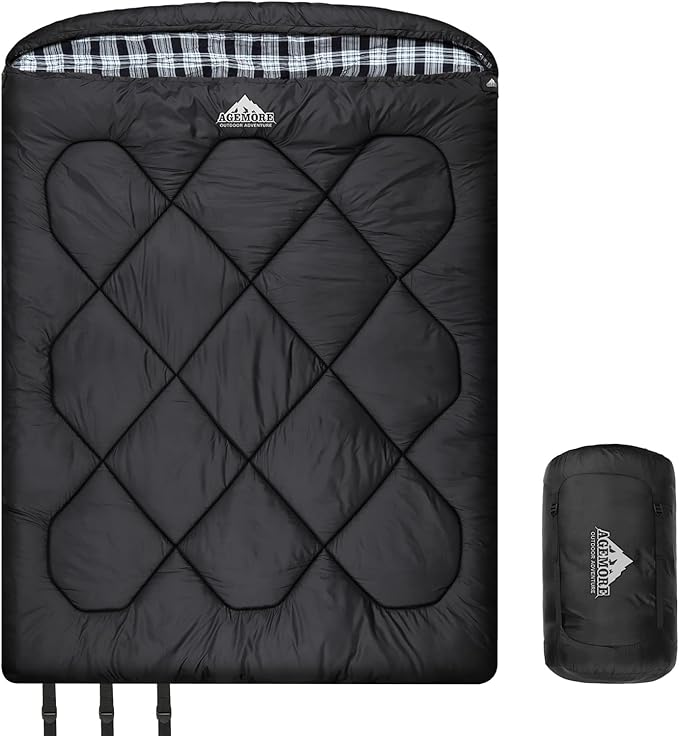AGEMORE 0 Degree Double Sleeping Bag for Adults, Cotton Flannel Lined 2 Person Queen Size Warm Sleeping Bag for Family Win...