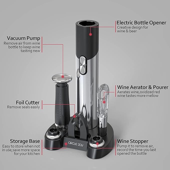 CIRCLE JOY Electric Wine Opener Set Automatic Wine Opener Kit for Wine and Beer Cordless Electric Wine Bottle Openers Gift Set with Foil Cutter, Aerator Pourer, Vacuum Pump and 2 Wine Stoppers