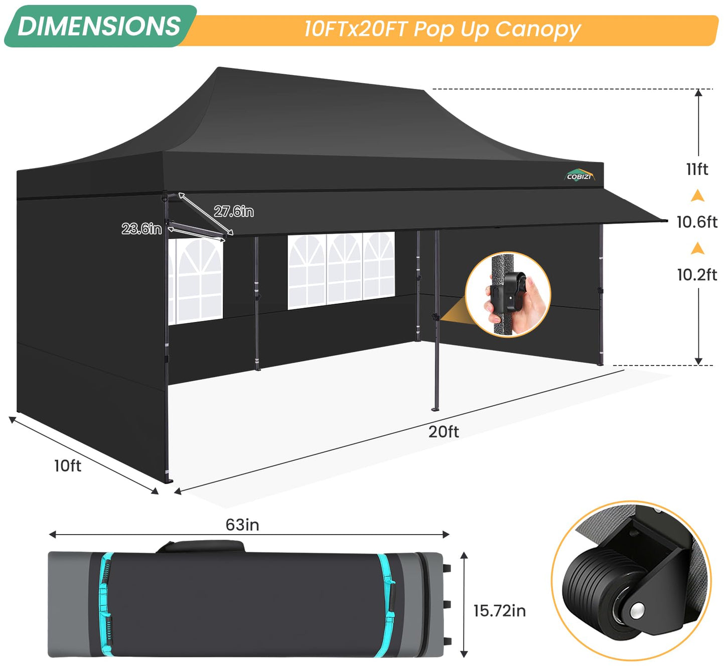 COBIZI 10x20 Pop Up Canopy Tent with Awning & Sidewalls, Commercial 10X20 Canopy Tents Instant Waterproof, UPF 50+ Sun Shade for Outdoor, Parties, Markets (Black)