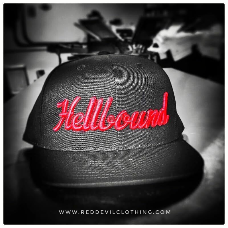 Hellbound Trucker Cap for Men – Flat Bill Mesh Snapback Hat – 5-Panel Black Cap with Bold Red Hellbound Front – One Size Adjustable – Cotton/Poly/Nylon Blend – Outdoor Summer Baseball Hat
