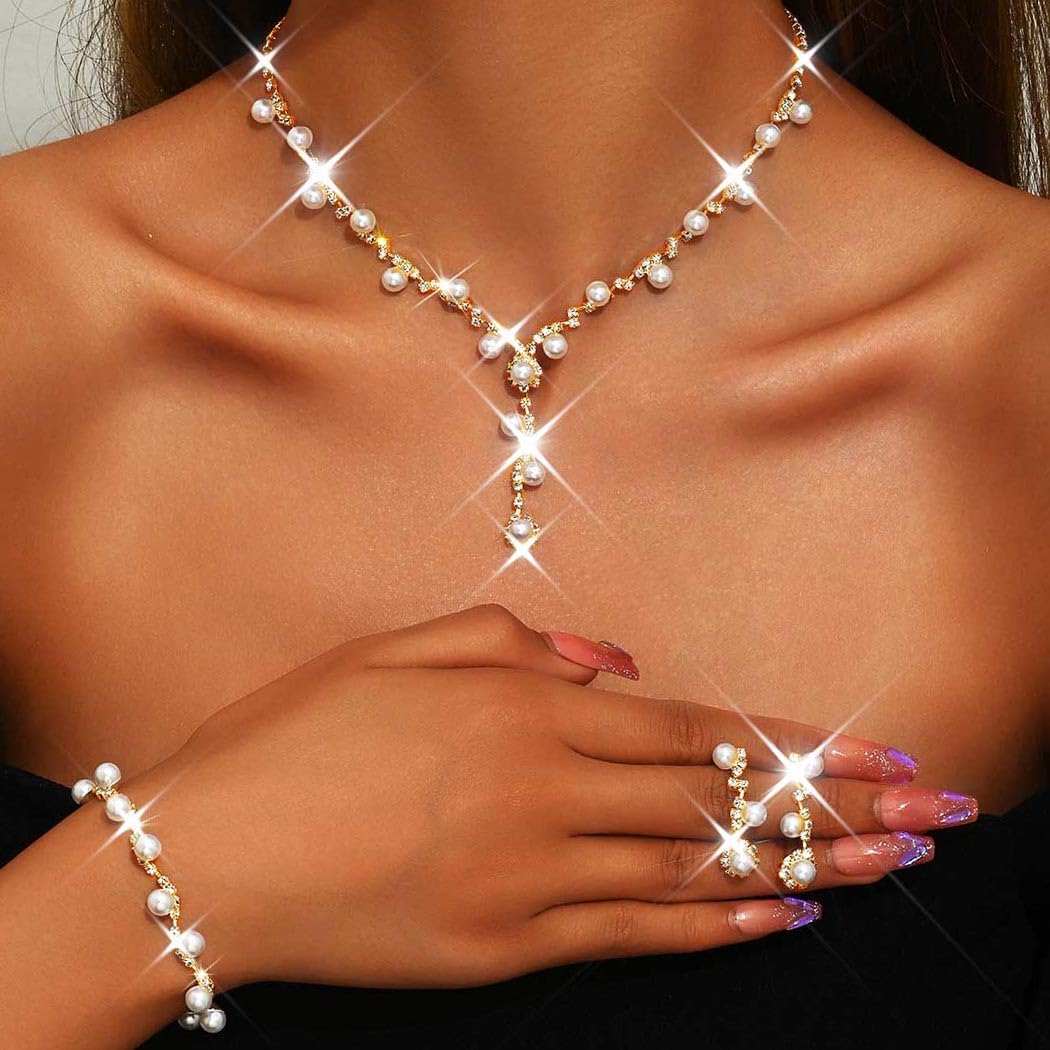Unicra Gold Pearl Bridal Wedding Jewelry Set Rhinestone Necklace Earrings Bracelet Sets Formal Costume Jewelry for Women and Bri