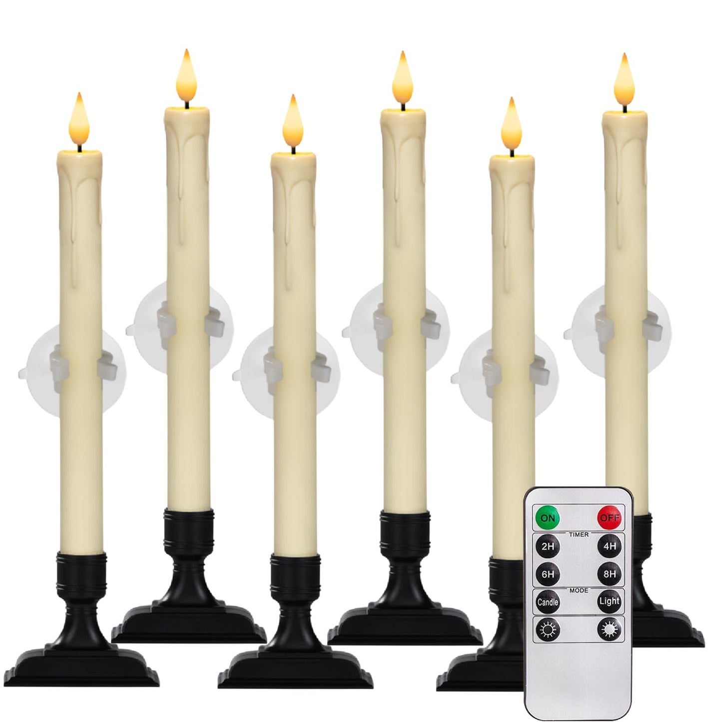 Homemory 6 Pcs Window Candles with Remote Timer Dimmer, Christmas Candles for Window Battery Operated, Ivory Flameless Taper Candle with Holders and Suctions, LED Candlesticks for Xmas Holiday Decor