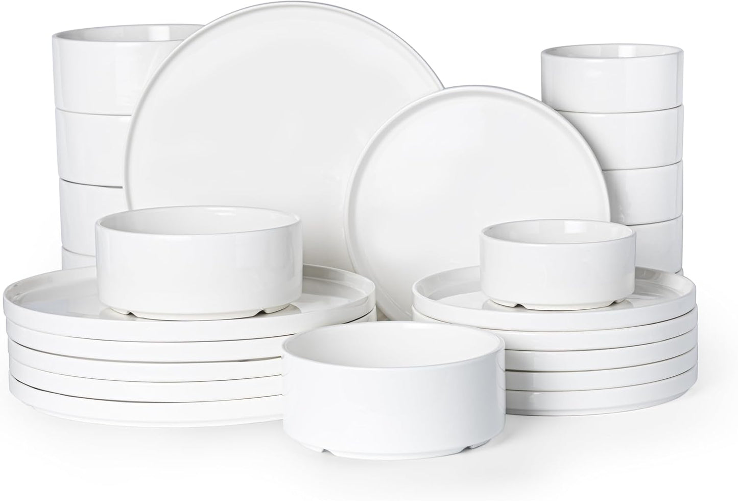 Porcelain Dinnerware Sets for 6, 24pcs High-sided Plates and Bowls Set, White Chip and Scratch Resistant Dinner Set - Dishwasher & Microwave Safe Dinging Dishes Set, QOMO-1996