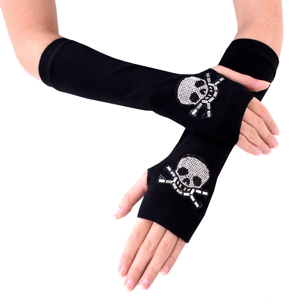 JISEN Women Punk Winter Arm Warmer Knitted Stretchy Soft Fingerless Gloves Black B