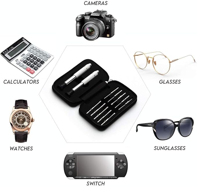 Precision Screwdriver Set, Eyeglass repair kit with 10-style screwdrivers/nose pads/4 in 1 portable screwdrivers/ear hook/tweezer for eyeglasses sunglass watch calculator (with 70-style screws)