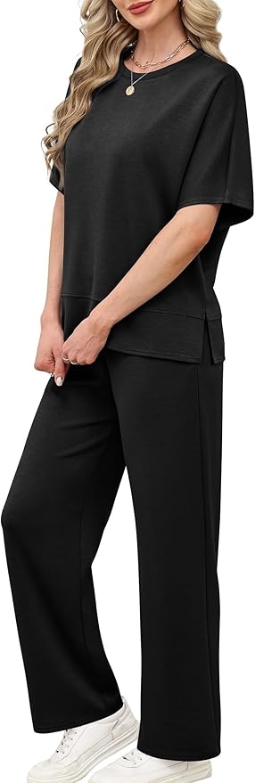 XIEERDUO Women's Side Slit Lounge Sets 2 Piece Travel Outfits Airport Tracksuit Oversized Wide Leg Loungewear S-3XL