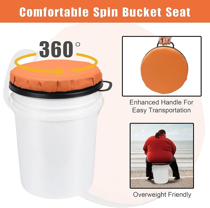Foxtune 360-Degree Swivel Bucket Seat, 5 Gallon Bucket Lid, Spin Bucket Seat Cushion, Silent, Comfortable, Water-Resistant, for Fishing, Gardening, Hunting and Camping (Orange)