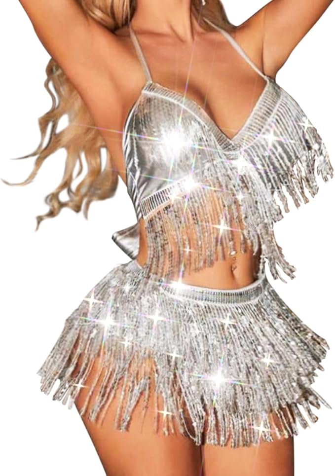 EARENT Belly Dancer Outfit Fringe Sequin Skirts Sets for Women