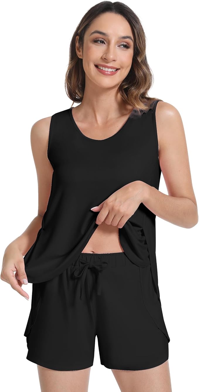 NACHILA Pajamas for Women-Viscose from Bamboo, Ribbed Racerback Tank Top Sexy Split Shorts Pajama Sets Cooling Sleep Cami Pjs