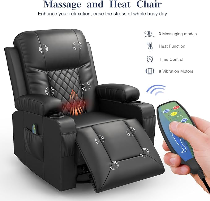 FURNIMAT Recliner Sofa Set with 3+1 Pieces in Living Room, 3 Seater Reclining Sofa with USB Ports, Cell Phone Holders, 1 Recliner Chair with Vibration Massage and Heat Single Sofa Seat, Bedroom, RV