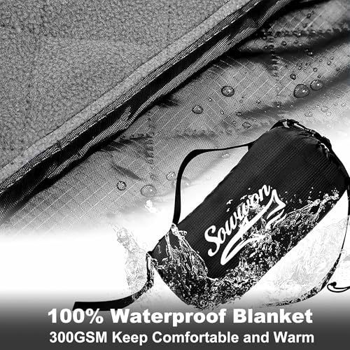 Waterproof Outdoor Blanket Packable, Stadium Blankets for Camping with Sherpa Fleece Lining, Large Windproof Emergency Thr...
