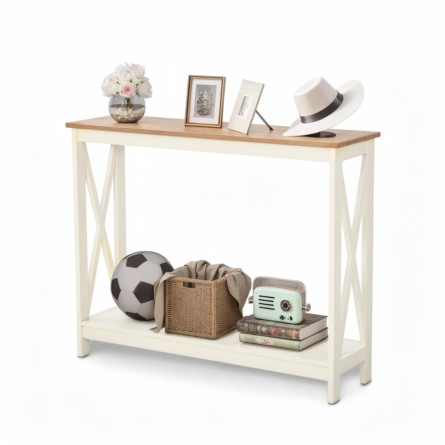 GREEN PARTY Vintage Farmhouse Entryway Console Table, 2-Tier Narrow Sofa Table with Storage Shelf for Living Room and Hallway, Rustic White Accent Furniture with Sturdy X-Shaped Legs