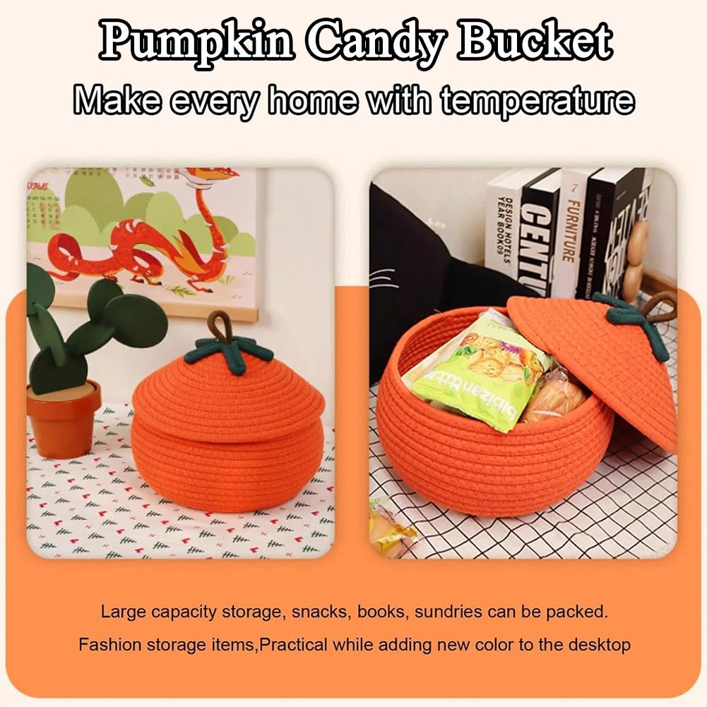 Halloween Pumpkin Basket With Lid, Halloween Pumpkin Candy Bucket, Trick Or Treat Pumpkin Woven Storage Bin, Large Capacity Woven Rope Basket For Store Toys, Candys, Snacks, Home Decor (Khaki-L)