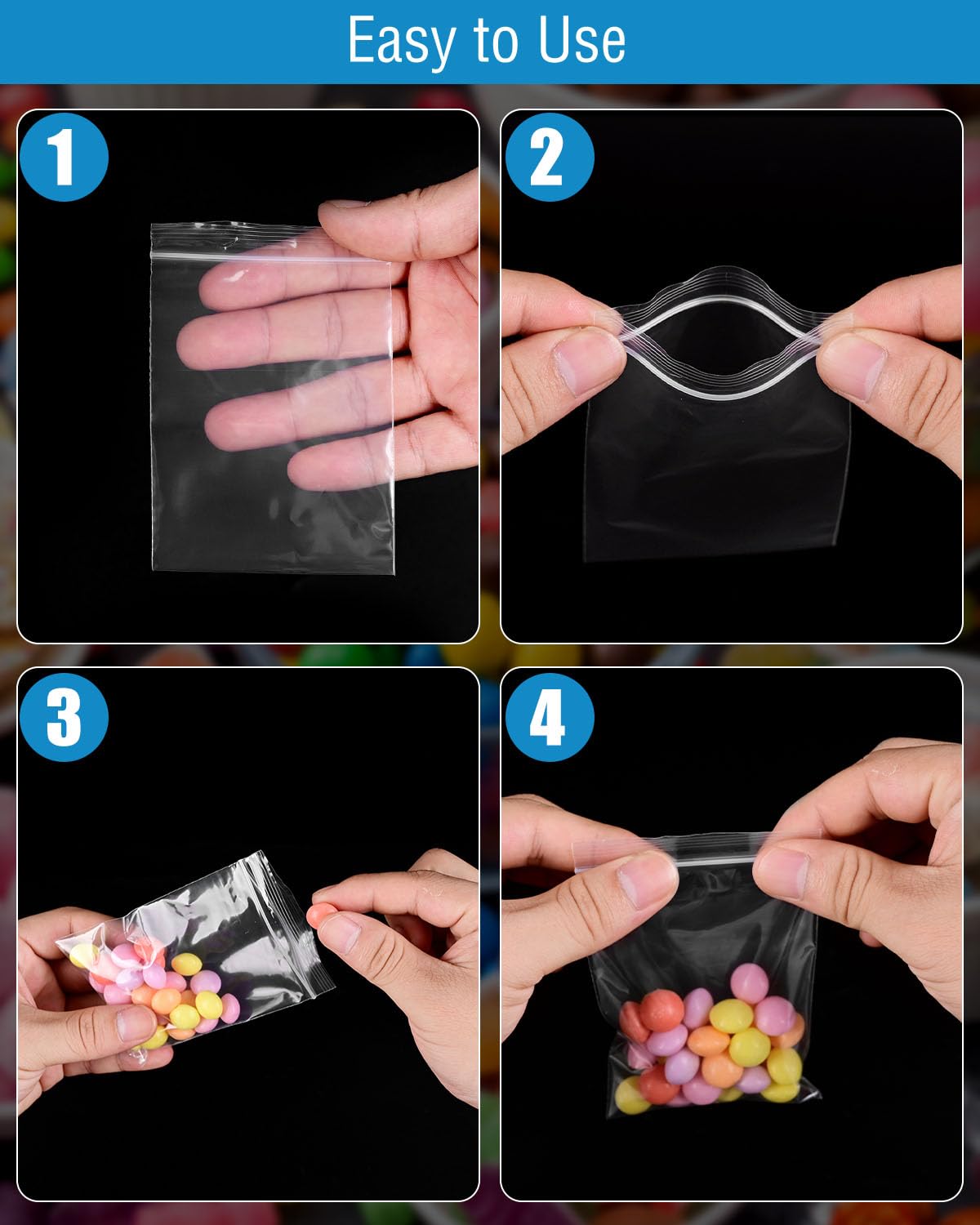 500 PCS Small Plastic Bags, Mini Resealable Bags, 4 Different Sizes Small Jewelry Clear Storage Poly Bag for Packaging, Candy, Pill