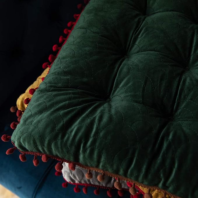 vctops Velvet Soft Square Chair Pad with Ties Cute Gradient Pom Pom Indoor Dining Chairs Cushion (Dark Green, 16" x 16")