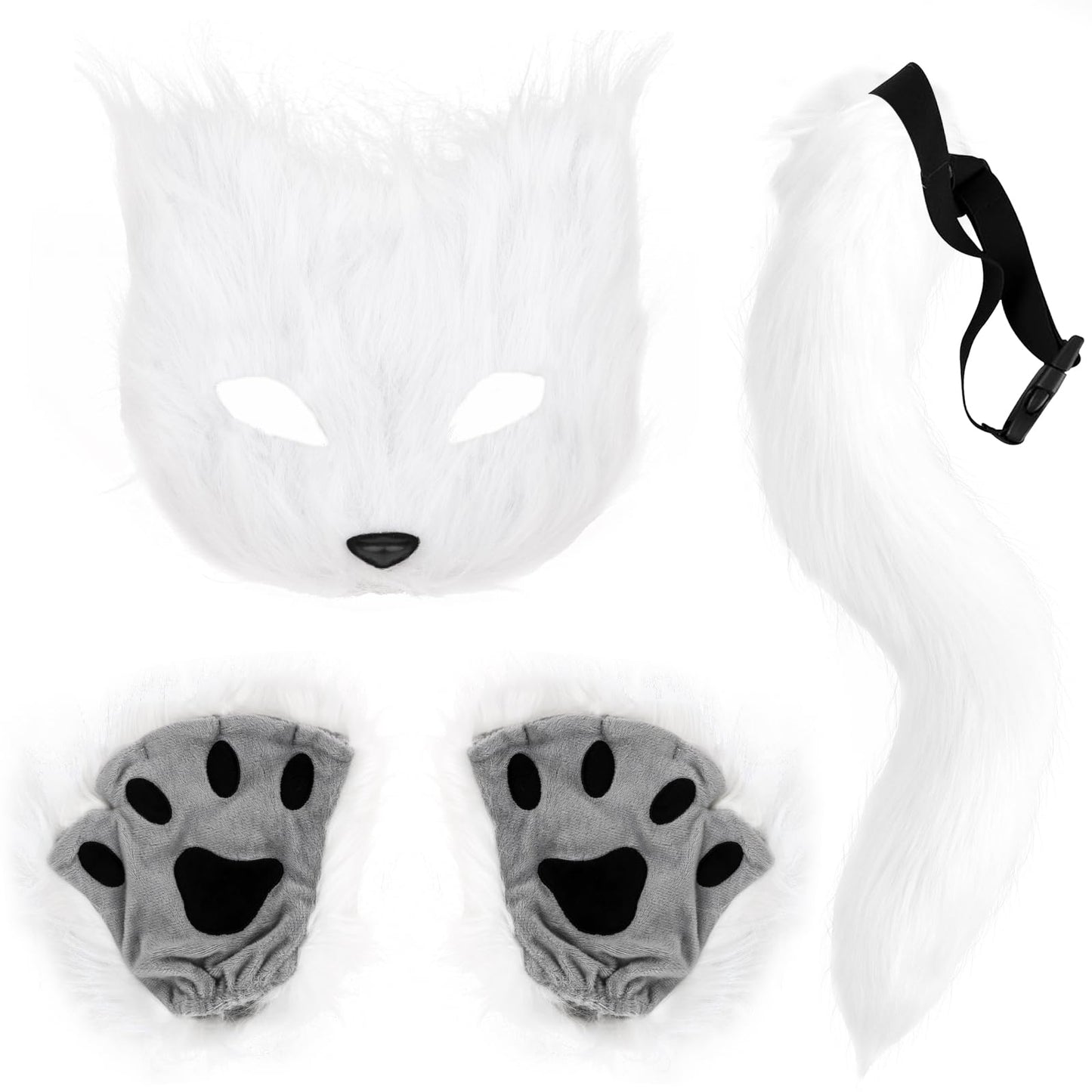 Jaciya Faux Furry Mask and Tail Set Halloween Costume Set for Women Fox Mask Wolf Tail Animal Party Costume-White