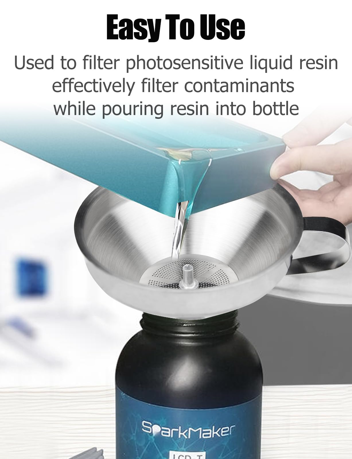 Gnellkoor Resin Funnel, Resin Filter Funnel with Strainer 3D Printer Stainless Steel Funnels for Filtering and Recycling UV SLA/DLP/LCD Photosensitive Resins, with Cleaning Brush