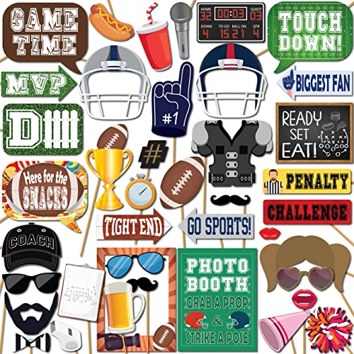 Football Photo Booth Props - 41-pc Kit with 8 x 10-Inch Signs, 60 Adhesive Pads, 45 Sticks - Superbowl & Tailgate Props