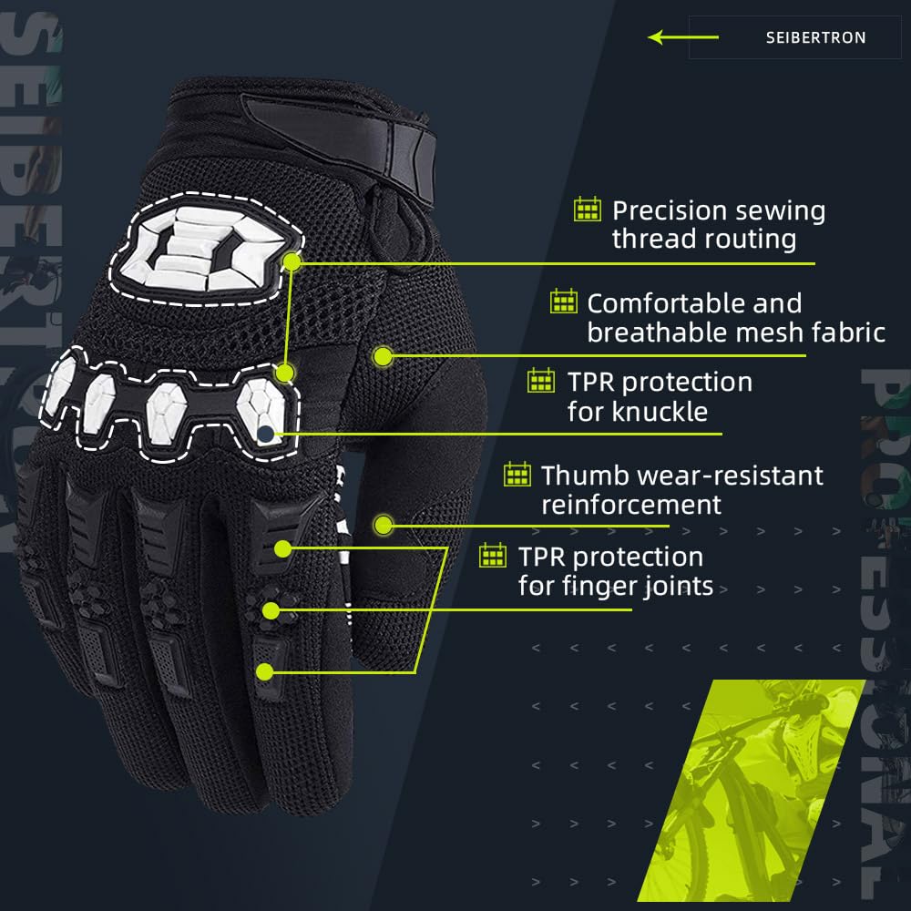 Seibertron Youth Unisex MX ATV MTB Racing Gloves - Full Finger Touchscreen Glove for Bicycle Cycling Mountain Biking Motorcycle and Motocross Black XS