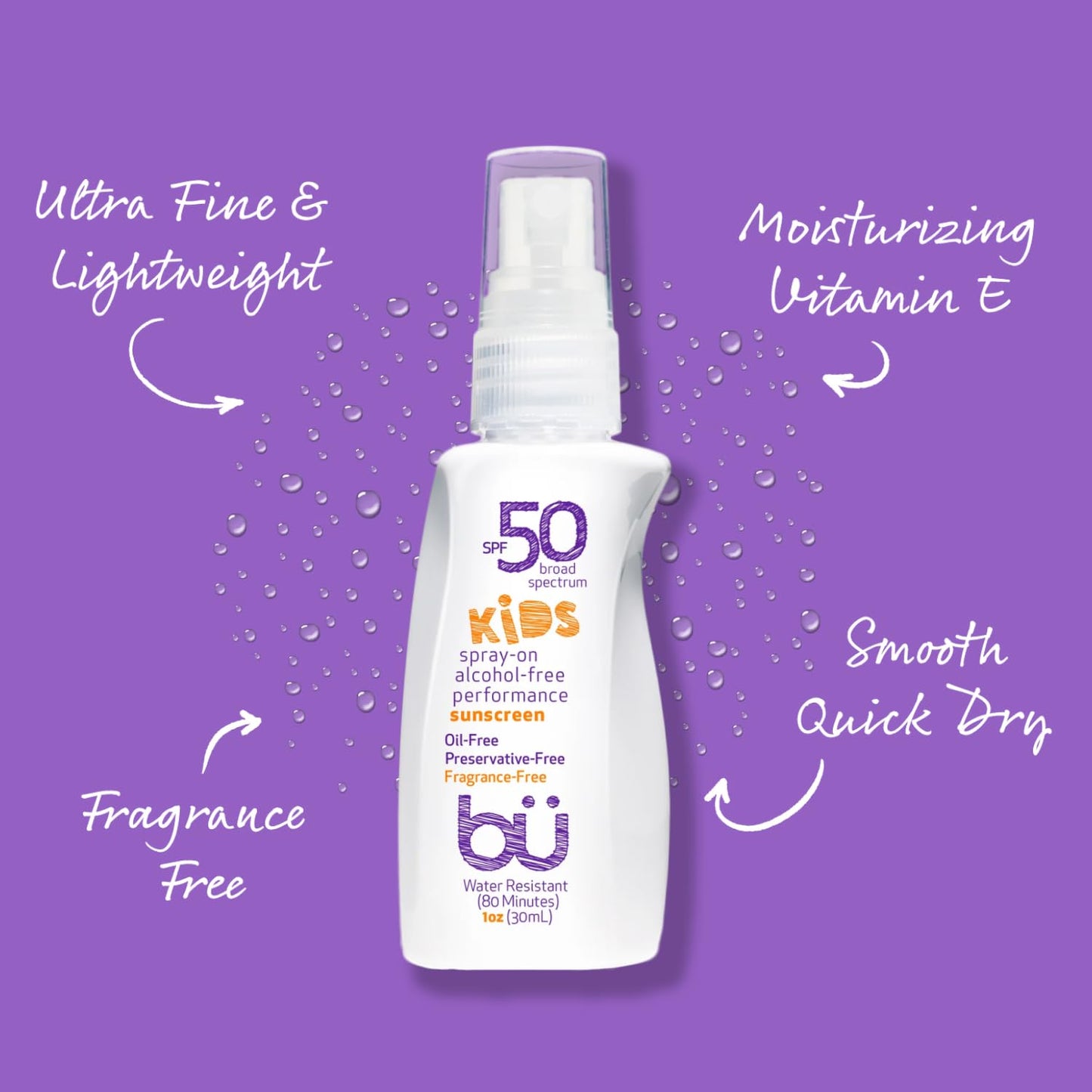 BU SPF 50 Fragrance Free Kids Sunscreen Spray for Face and Body, TSA Travel Size Sunscreen, Clear Non Aeorsol Spray, Non Greasy,