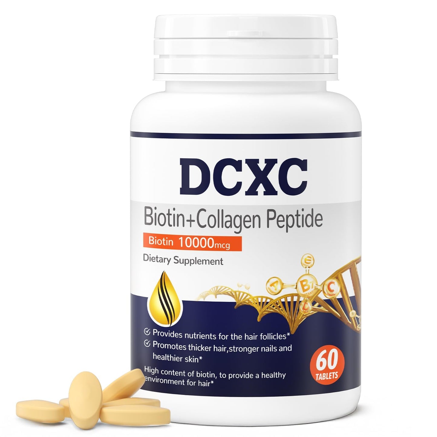 DCXC Biotin Collagen Supplement,Supports Healthy Hair, Skin and Nails, Biotin Collagen Peptide,60 Tablets, One Bottle