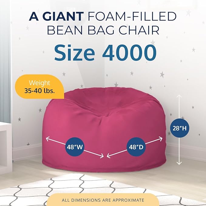 ULTIMATE SACK 4000 4-Foot Bean Bag Chair, Pink Fur Cover – Oversized Foam Lounger, Floor Seat, Small Sofa, or Couch Bed for Living Area, Gaming Room, or Reading Lounge