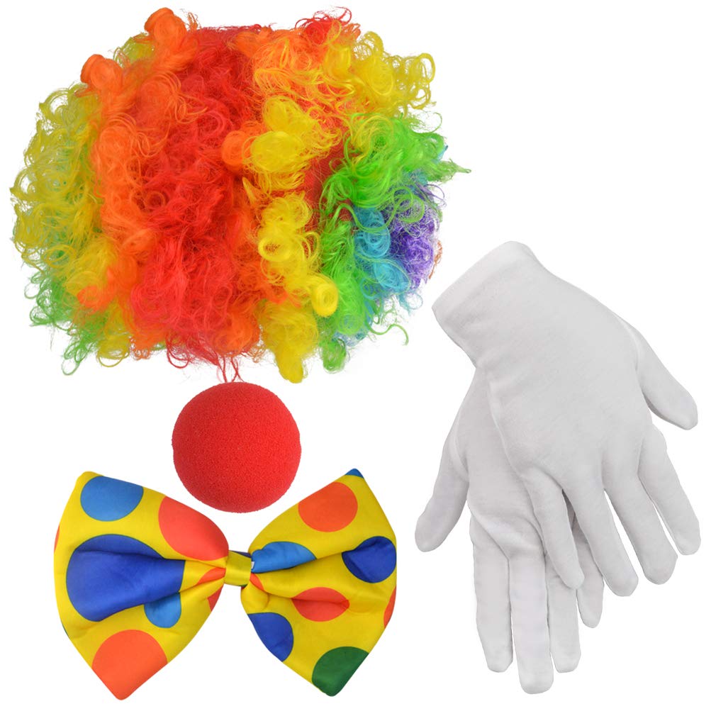 jiebor Clown Costume Set Clown Rainbow Wig Nose Bow Tie White Gloves Accessories for Parties Carnivals Pretend Play Women Men Adults
