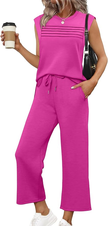 WIHOLL 2 Piece Sets for Women Summer Lounge Sets Travel Vacation Outfits Cap Sleeve Sweatsuit Side Slit Wide Leg Pants S-3XL