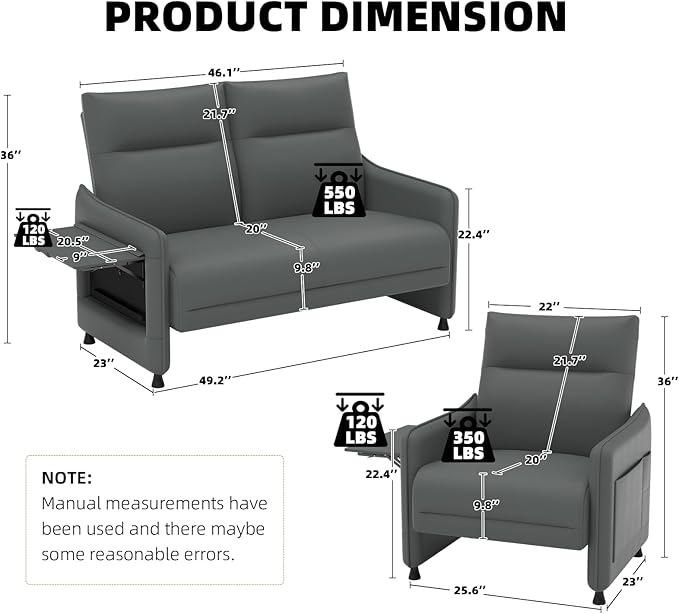 Tbillionnext 3-Piece Living Room Sofa Set, Faux Leather Loveseat & Accent Chairs Set of 2 with Hidden Foldable Tray & Side Pocket, Rear Contour Arm Design, Upholstered Sofa Set for Office, Gray