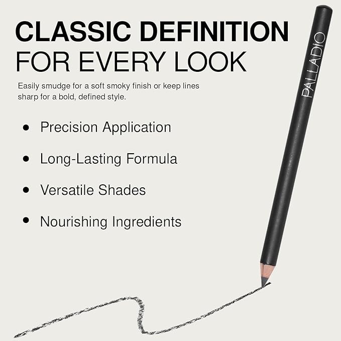 Palladio Wooden Eyeliner Pencil, Thin Pencil Shape, Easy Application, Firm yet Smooth Formula, Perfectly Outlined Eyes, Contour and Line, Long Lasting, Rich Pigment, Charcoal