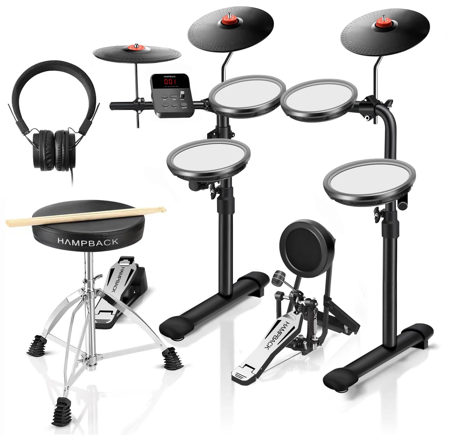 HAMPBACK MK-0 PRO Electric Drum Set with 7 Mesh Drum Pads, 8 Full Rubber Cymbals, 5 Bass Drum, 12 Kits and 68 Authentic So