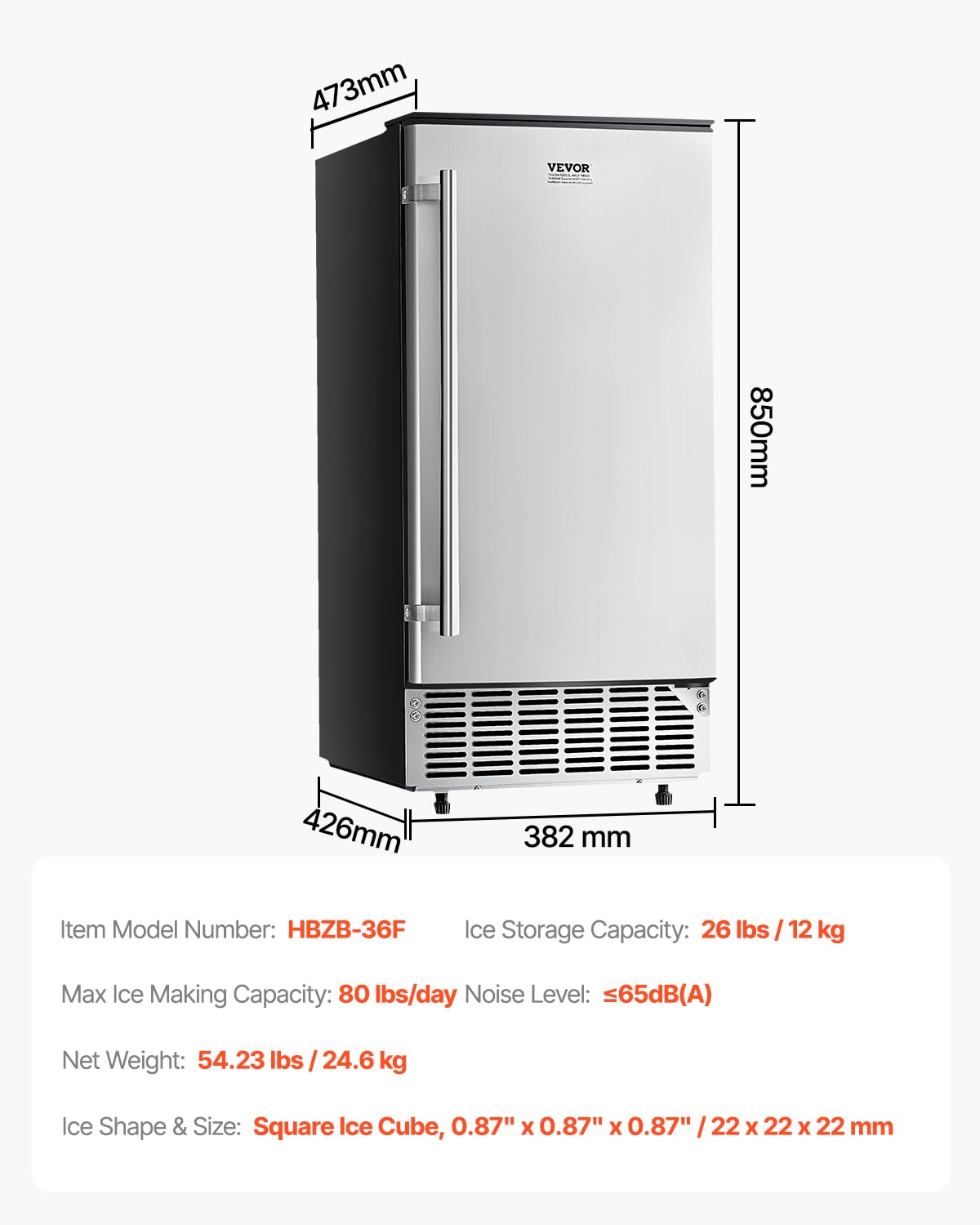 VEVOR Undercounter Built-in Ice Maker, 80 Lbs/Day Under Counter Ice Maker Machine with Reversible Door, Stainless Steel Freestanding Ice Maker for Commercial Home Kitchen, Electric Drainage