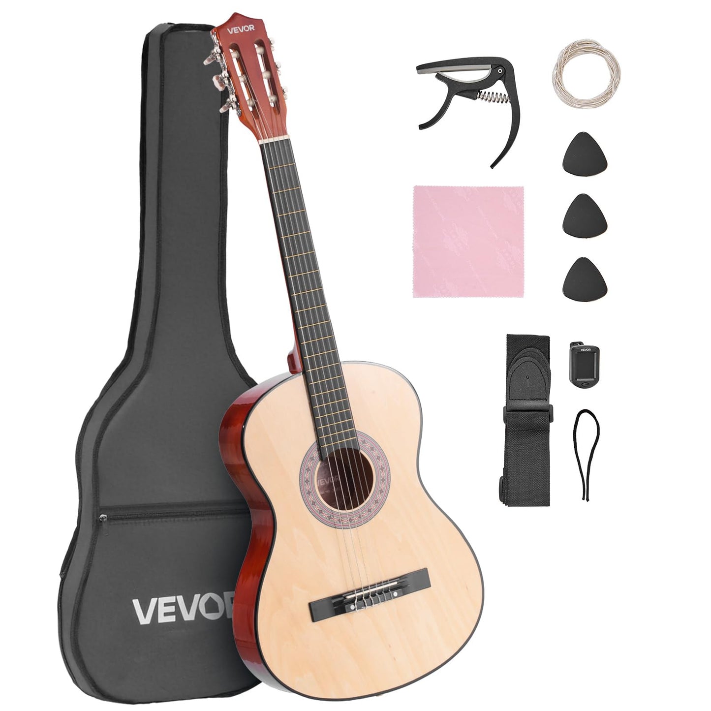 Vevor 38 Inch Beginner Acoustic Guitar, Classical Guitar Full Starter Kit With Nylon Strings, Gig Bag, Strap, Tuner, Extra Strin