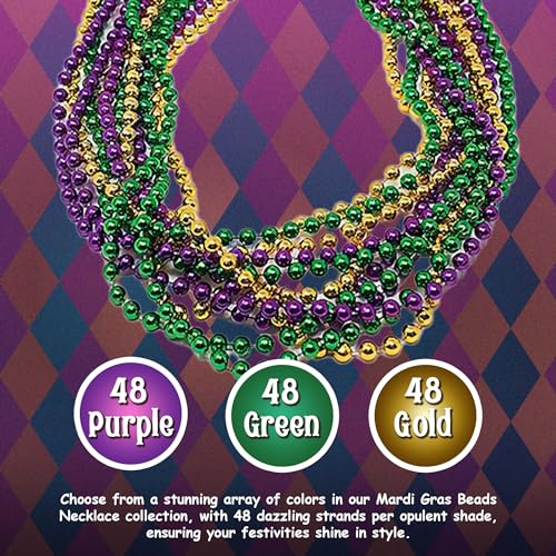 Podzly 144 Mardi Gras Beads Necklace Bulk Assortment - 33" Metallic, Bead Necklaces for Party - Dazzling Beads Necklaces f...