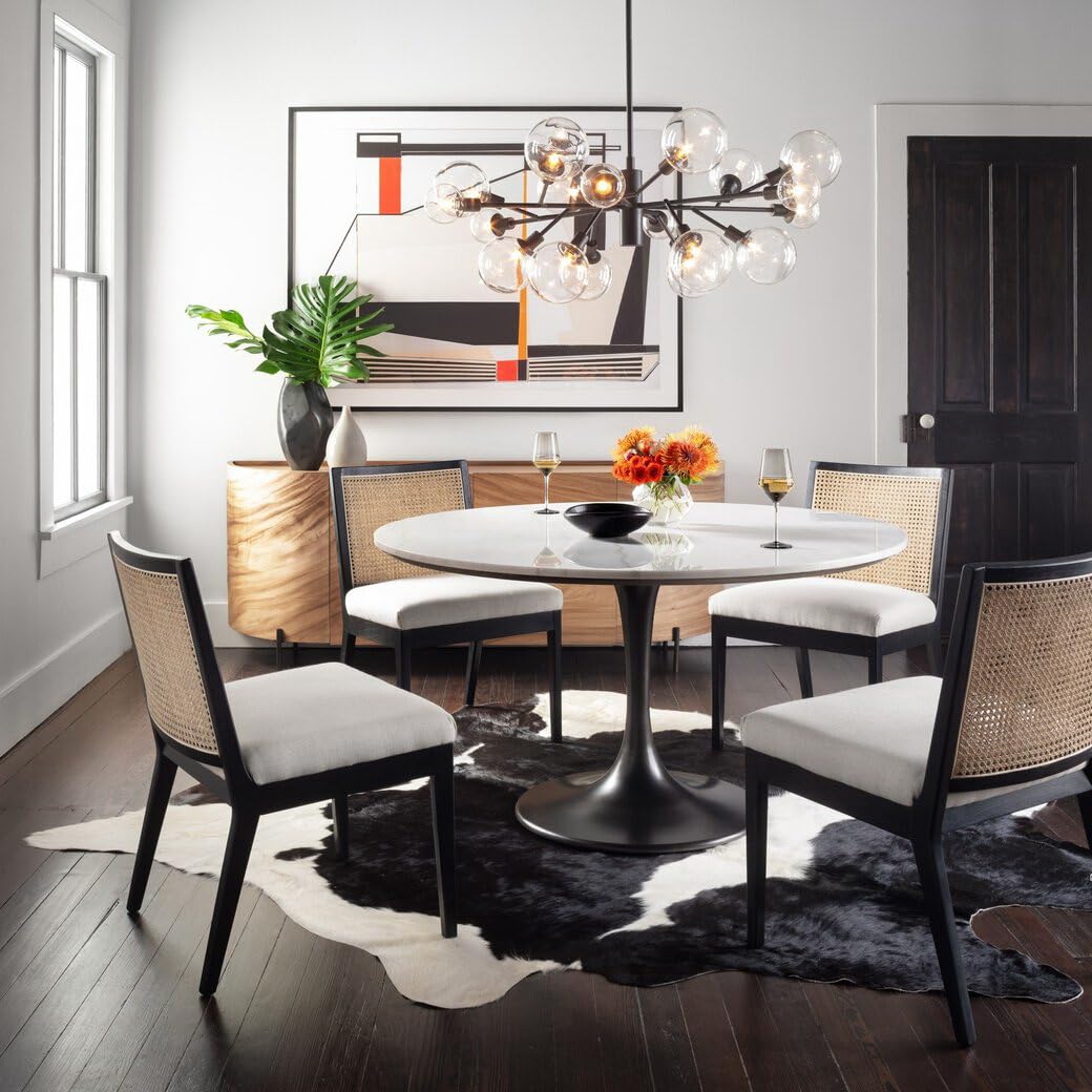 BESTANO Farmhouse Rattan Dining Chairs Set of 4 Black Wood Dining Room Chairs Rectangle Cane Country Kitchen Chairs Upholstered Dining Chair for Dining Room, Cream Linen