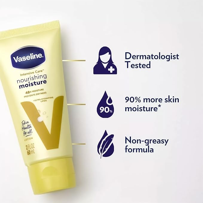 Vaseline Lotion, Intensive Care Nourishing Moisture 2-Pack – Moisturizer with Oat Extract + Ultra-Hydrating Lipids for Healing Extremely Dry Skin, 2 Oz Ea