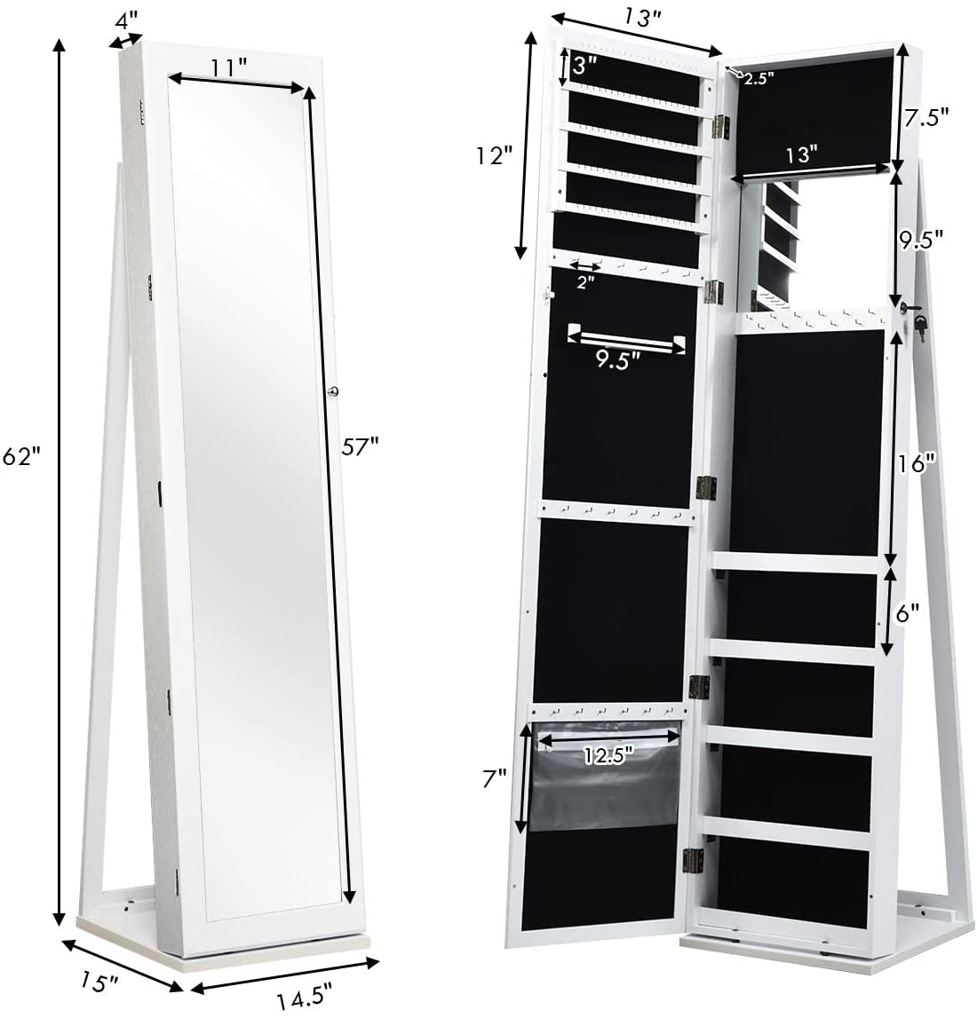 FANTASK Full Length Mirror Jewelry Cabinet, Free Standing Jewelry Armoire w/Inside Makeup Mirror, Stable Base, Large Storage Capacity, White Lockable Jewelry Cabinet Organizer, Easy Assembly