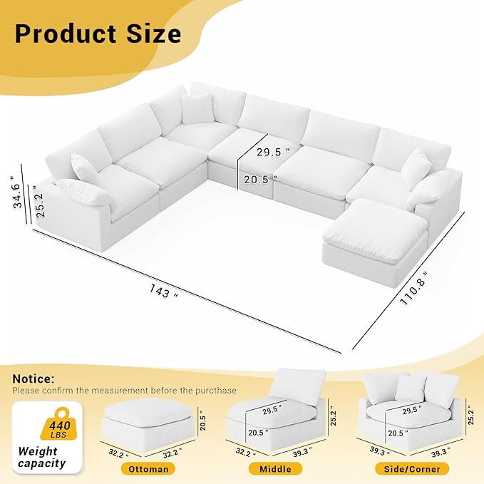Cloud Modular Couch for Living Room,7 Seater U Shape Linen Blend Sofas,Modern Deep Seat Cloud Sofas,Convertible Comfort Down Filled Sectional Couches,Removable Washable Cushion Covers,White