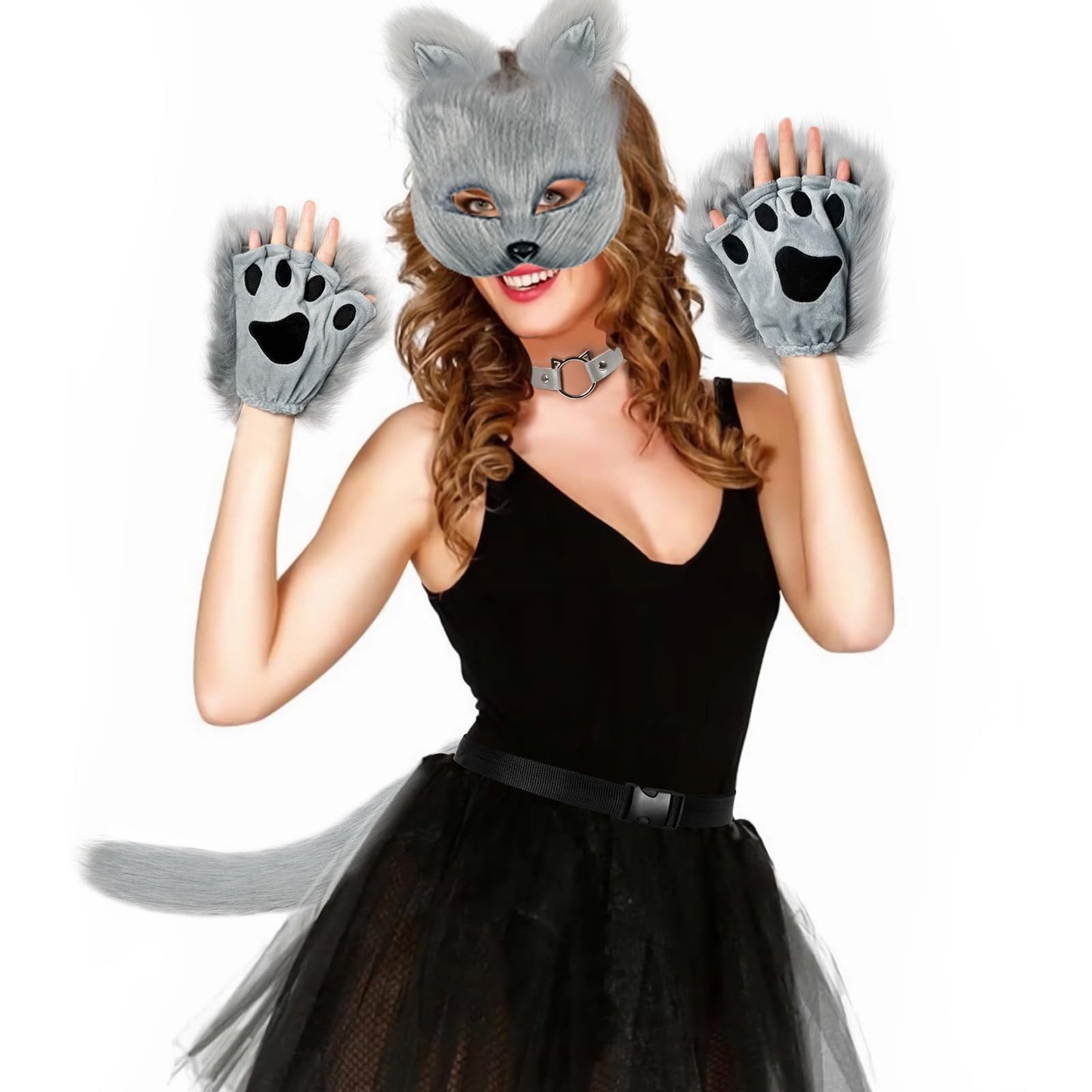 Yinhua Gray Therian Mask and Tail Kit Faux Furrfy Fox Mask Cat Paws Gloves and Ears for Kid & Adult Halloween Cosplay Party